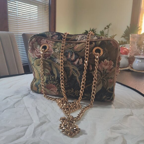 Gobelin Art Tapestry Purse from Belgium. 2 gold chains and rich florals are - Picture 1 of 9